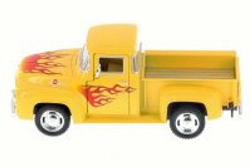 1956 Ford F-100 Pickup Truck, Yellow w/ Flames - Kinsmart 5385DF - 1/38 Scale Diecast Model Toy Car