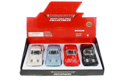 Box of 4 1963 Chevrolet Corvette Hardtop Diecast Car Set - Showcasts 1/24 Scale Diecast Model Cars, Assorted Colors