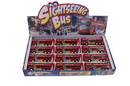 Box of 12 Diecast Model Cars - NYC Sightseeing Double Decker Bus Open Top, Blue, 6 Inch Scale