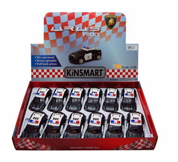 Box of 12 Diecast Model Toy Cars - Lamborghini Urus Police Car, 1/38 Scale