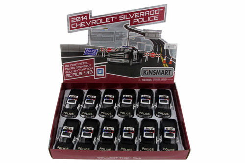 Box of 12 Diecast Model Toy Cars - 2014 Chevy Silverado Police Pickup Truck, 1/46 Scale
