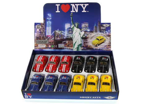 I Love New York 1967 Volkswagen Classic Beetle-Box of 12 1/32 Scale Diecast Model Cars, Assd Colors