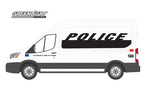 2019 Ford Transit Van Police, White and Black - Greenlight 53010D/48 - 1/64 scale Diecast Car