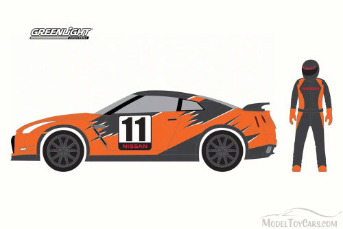 2011 Nissan GT-R Race Car w/Driver, Orange w/Black - Greenlight 97030E/48 - 1/64 Scale Diecast Car
