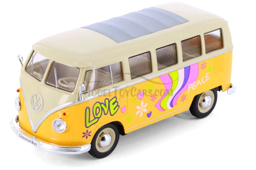1963 Volkswagen Classical T1 Bus w/ Love/Peace Yellow -  Showcasts® 22095A1/4D - 1/24 Scale Diecast Model Toy Car