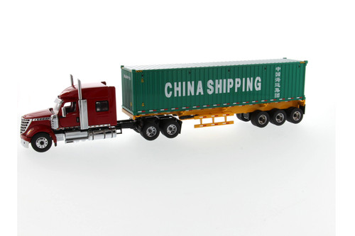International LoneStar Sleeper SFFA Tandem Cab Truck Tractor with Skeleton Trailer and China Shipping Dry Goods Sea Container, Red and Green - Diecast Masters 71045 - 1/50 scale Diecast Model Toy Car