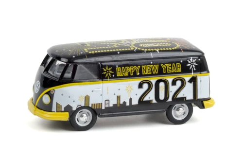 Happy New Year 2021 Volkswagen Type 2 Panel Van, Black & White - Greenlight 30222, 1/64 Diecast Car