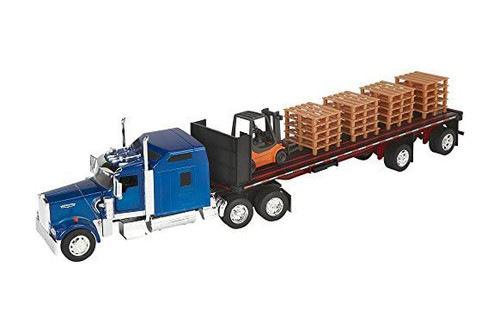 Kenworth W900 w/ Forklift and Skid, Blue - New Ray SS-10263A - 1/32 Scale Model Vehicle Replica