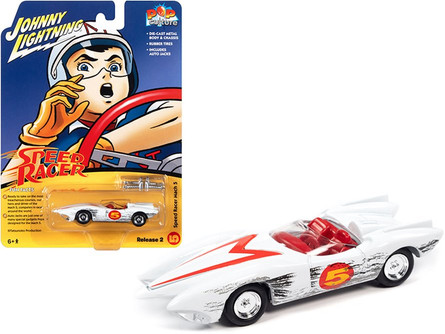 Speed Racer Mach 5 (Race Worn Version) with Auto Jacks, White - Johnny Lightning JLSP159/24 - 1/64 scale Diecast Model Toy Car Speed Racer Mach 5 (Race Worn Version) with Auto Jacks, White - Johnny Lightning JLSP159/24 - 1/64 scale Diecast Model Toy Car