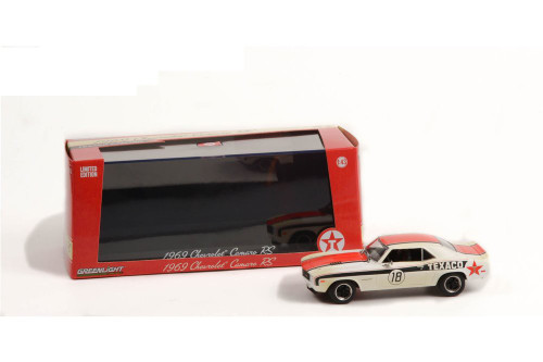 Texaco 1969 Chevy Camaro RS, White and Orange - Greenlight 86344 - 1/43 scale Diecast Model Toy Car