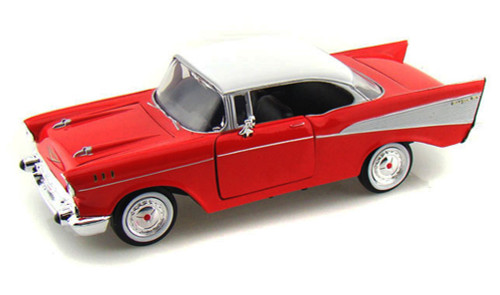 Diecast Car w/Trailer - 1957 Chevrolet Belair, Red - Motormax 73228 - 1/24 Scale Diecast Car