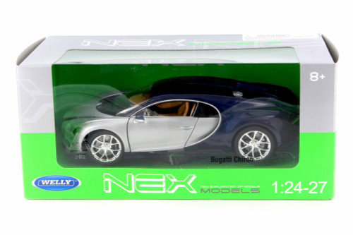 Diecast Car w/Trailer - Bugatti Chiron, Silver w/ Blue - Welly 24077W-SIL - 1/24 Scale Diecast Car