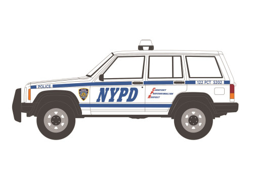 New York City Police Dept 1997 Jeep Cherokee , White & Blue - Greenlight 42960C - 1/64 Diecast Car