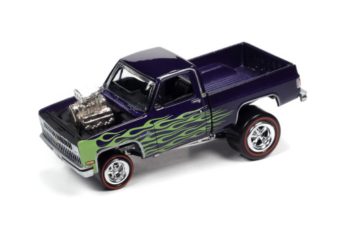 1981 Chevy Silverado 10 Fleetside, Purple Grape Metallic with Lime Flames - Johnny Lightning JLSP178/24A - 1/64 scale Diecast Model Toy Car