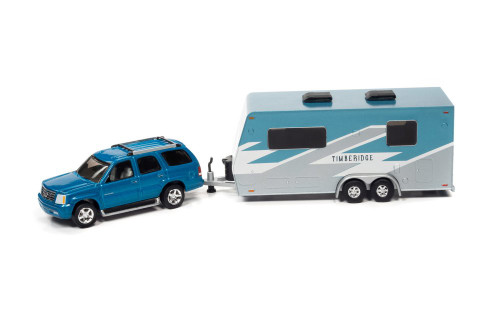 2005 Cadillac Escalade with Camper Trailer, Custom Metallic Turquoise Teal - Johnny Lightning JLSP201/24A - 1/64 scale Diecast Model Toy Car
