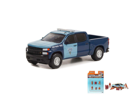 Diecast Car w/Figurine Set - 2021 Chevy Silverado, Blue - Greenlight 43000E/48 - 1/64 scale Diecast Model Toy Car