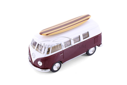 1962 Volkswagen Classic Bus w/ Surfboard, Burgundy - Kinsmart 5060DS1 - 1/32 scale Diecast Car