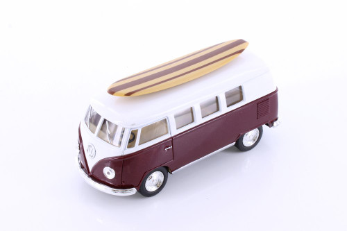 1962 Volkswagen Classic Bus w/ Surfboard, Burgundy - Kinsmart 5060DS1 - 1/32 scale Diecast Car