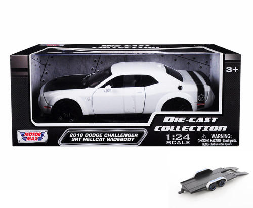 Diecast Car w/Trailer - 2018 Dodge Challenger SRT Hellcat Widebody, White with Black - Motormax 79350WH - 1/24 scale Diecast Model Toy Car