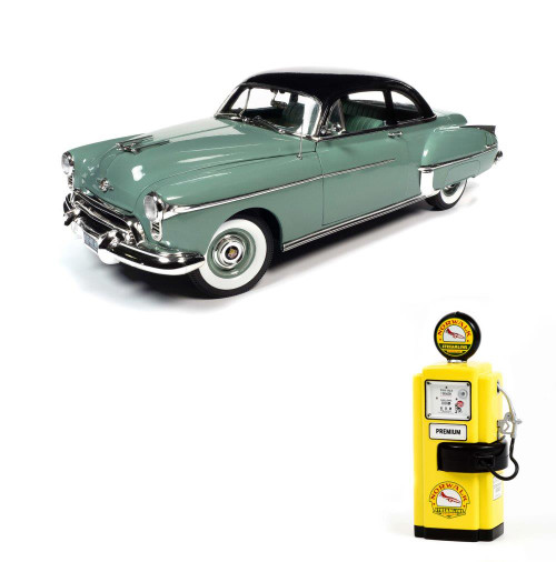 Diecast Car w/Gas Pump - 1950 Oldsmobile Rocket 88, Green - Auto World AMM1280 - 1/18 scale Diecast Model Toy Car