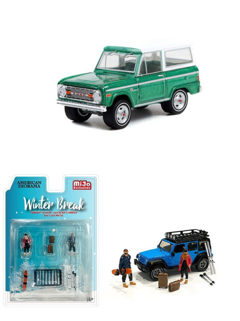 Diecast Car w/Winter break figurines - 1977 Ford Bronco (Lot #1001.1), Jade Glow Green - Greenlight 37250F - 1/64 scale Diecast Car