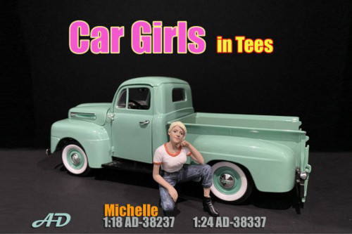 Car Girl in Tee Michelle Figure, White and Blue - American Diorama 38237 - 1/18 scale Figurine - Diorama Accessory
