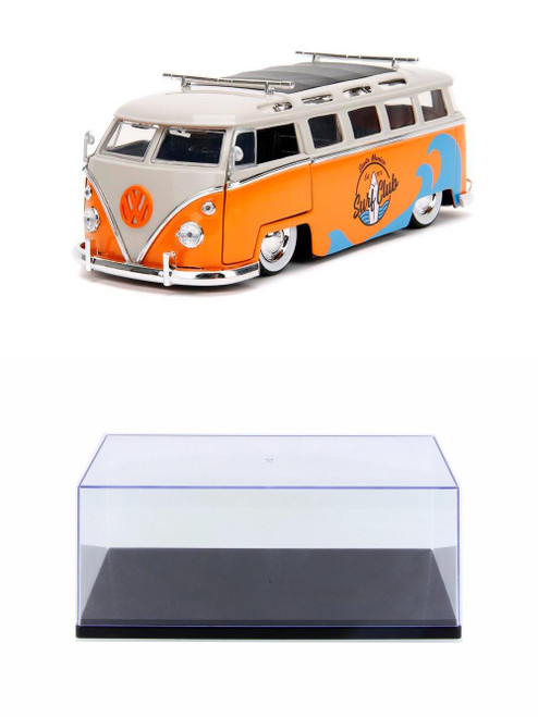 Diecast Car w/Display Case - 1962 Volkswagen Bus w/ Roof Rack and Surfboard, Orange - Jada Toys 34231/4 - 1/24 Scale Diecast Car