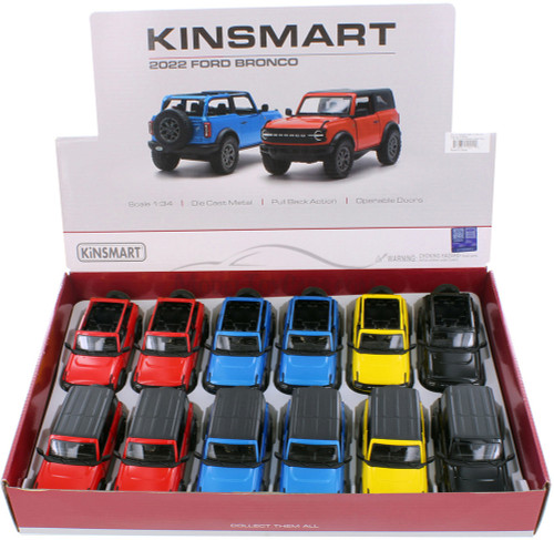 Kinsmart 2022 Ford Bronco Assorted (Open top & Hardtop) Diecast Car Set - Box of 12 1/34 Scale Diecast Model Cars, Assorted Colors