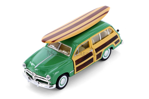 1949 Ford Woody Wagon with Surfboard Hardtop, Green - Kinsmart