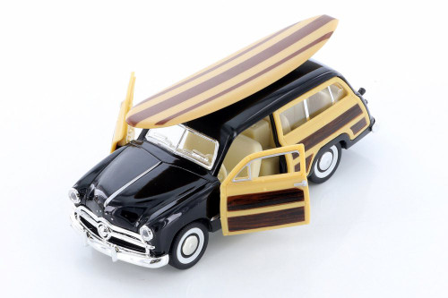 1949 Ford Woody Wagon with Surfboard Hardtop, Black - Kinsmart 5402DS1 - 1/40 scale Diecast Model Toy Car