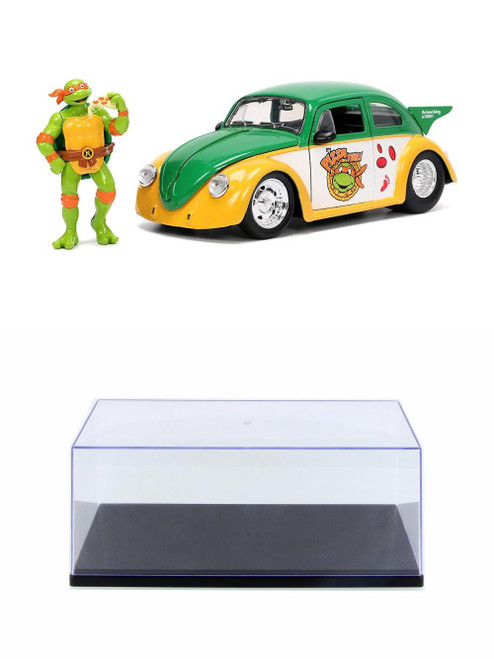 Diecast Car w/Display Case - 1959 Volkswagen Drag Beetle w/ Michelangelo Figure, TMNT - Jada Toys 33741 - 1/24 Scale Diecast Car