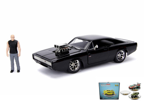 Diecast Car w/Display Turntable - Dodge Charger R/T w/ Dom Figure - 1/24 Scale Diecast Car
