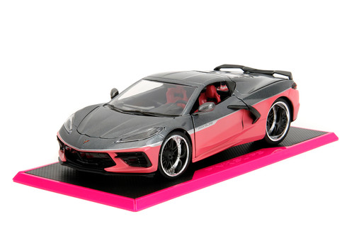 2020 Chevy Corvette Stingray w/Display Base, Metallic Gray /Pink - Jada Toys 35068 - 1/24 Scale Car