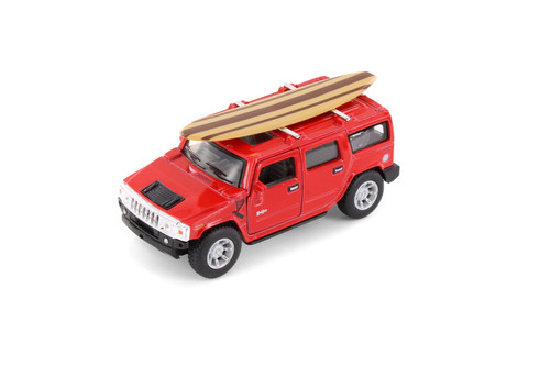 2008 Hummer H2 SUV w/Surfboard, Red - Kinsmart 5337DS1 - 1/40 Scale Diecast Model Toy Car