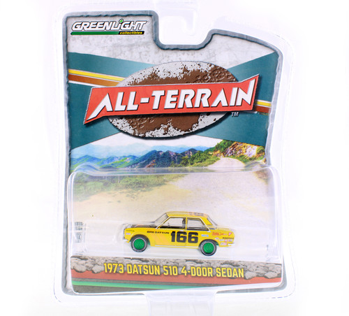 CHASE CAR - 1973 Datsun 510 4-Door Sedan #166 "BRE" , Yellow - Greenlight 35230B - 1/64 scale Diecast Car