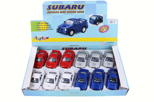 Box of 12 2002 Subaru Impreza WRX Sedan Hardtop Asstd - Kinsmart 4015D - 4" Scale Diecast Cars
