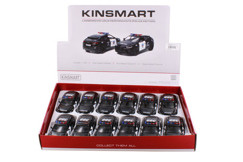 Box of 12 Lamborghini Urus Performante Police Edition, Black - Kinsmart 5447DP - 1/40 Scale Cars