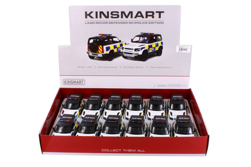Box of 12 Land Rover Defender 90 Police Edition, White - Kinsmart 5428DP - 1/36 Scale Diecast Cars