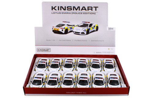 Box of 12 Lotus Emira Police Edition, White - Kinsmart 5441DP - 1