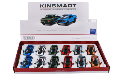 Box of 12 2022 Ford F-150 Raptor Pickup Truck, Asstd - Kinsmart 3001DF - 1/78 Scale Diecast Cars