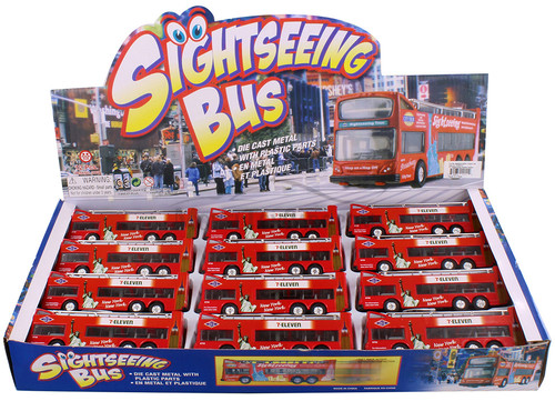 Box of 12 NYC 7-Eleven Red Sightseeing Double Decker Bus Open Top - 2168D11 - 6" Scale Diecast Cars