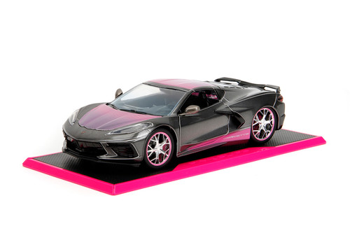 2020 Chevy Corvette Stingray w/ Base, Metallic Gray/Pink - Jada Toys 34848 - 1/24 Scale Diecast Car