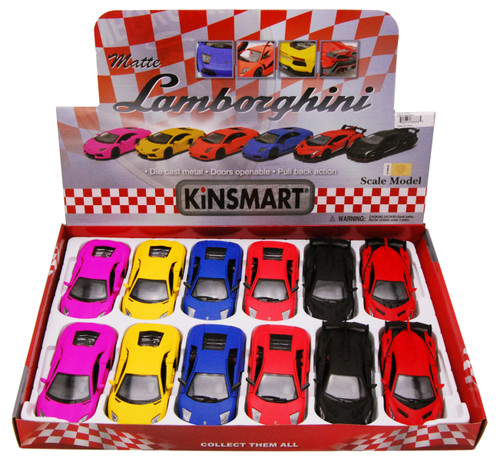 Box of 12 Lamborghini, Matte Assortment - Kinsmart 5370D - 1/36 Scale Diecast Model Toy Cars