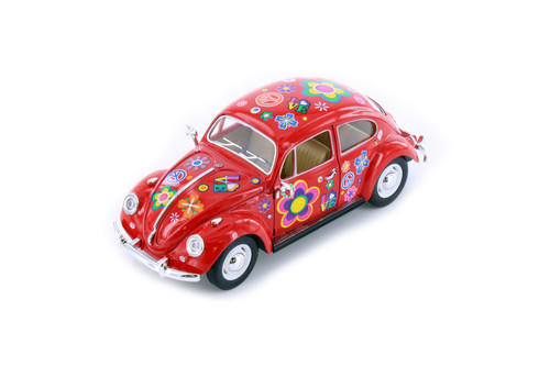 1967 Volkswagen Classic Beetle Hard Top w/Decals, Red - Kinsmart 7002DF - 1/24 Scale Diecast Car