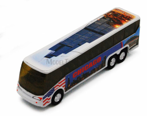 Chicago Coach Bus w/ Willis Tower, Soldier Field & Navy Pier, White - Showcasts 9803CG - 6 Inch Scale Diecast Model Replica