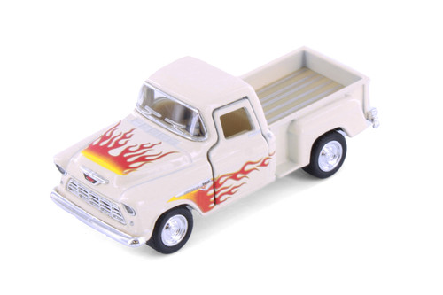 1955 Chevy Stepside Pickup Truck w/Flames, Ivory - Kinsmart 3002DF - 1/54 Scale Diecast Model Car