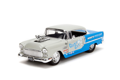 1955 Chevy Bel Air "Ghost Gas" Hardtop, Light Gray/Blue - Jada Toys 35211 - 1/24 Scale Diecast Model Toy Car