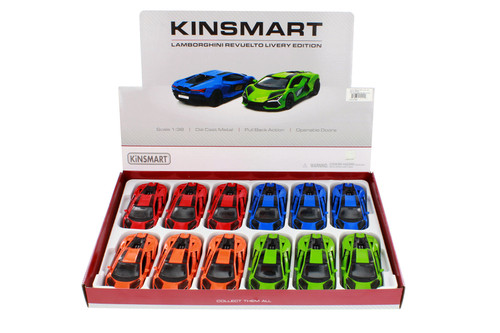Box of 12 Lamborghini Revuelto Livery Edition, ASSTD - Kinsmart 5459DF - 1/38 Scale Diecast Model Toy Cars