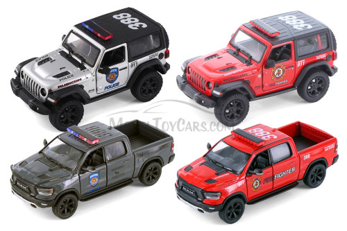 Police Car & Firefighter Jeep and Dodge 4-Pack - Kinsmart - 1/34 Scale Diecast Model Toy Car