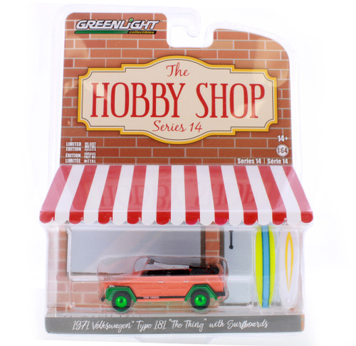 GREEN MACHINE 1971 Volkswagen Thing (Type 181) w/ Surfboards, Orange - Greenlight 97140C - 1/64 Scale Diecast Car